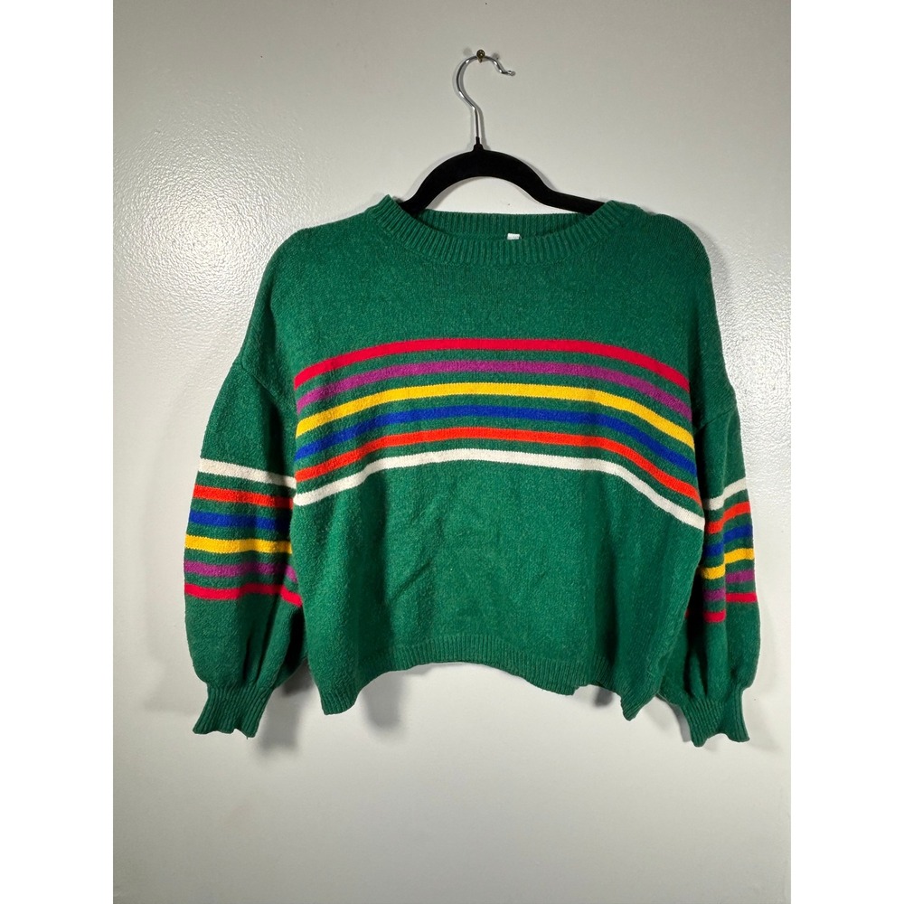 Vintage 70s Style Rainbow Striped Green Knit Sweater Women Sz XS‎ Balloon Sleeve
